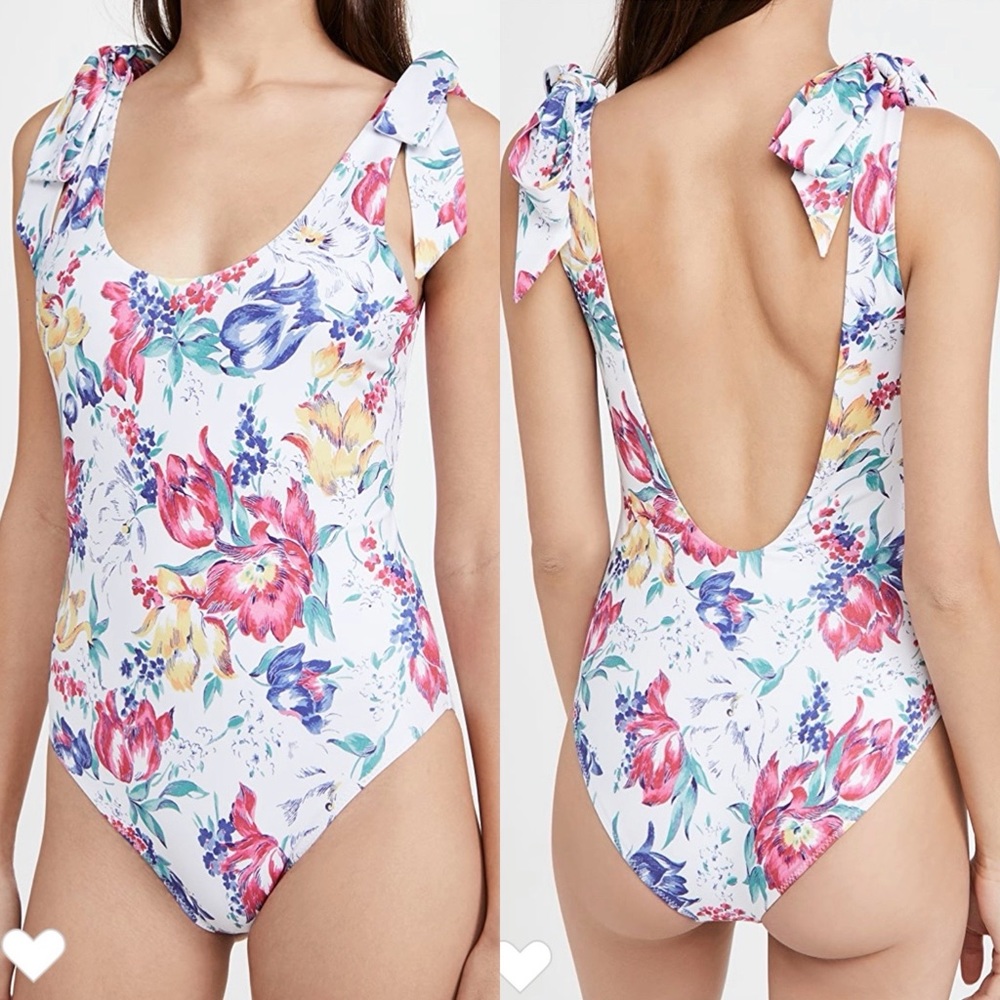 LoveShackFancy White Floral Tie-Shoulder One-Piece Swimsuit